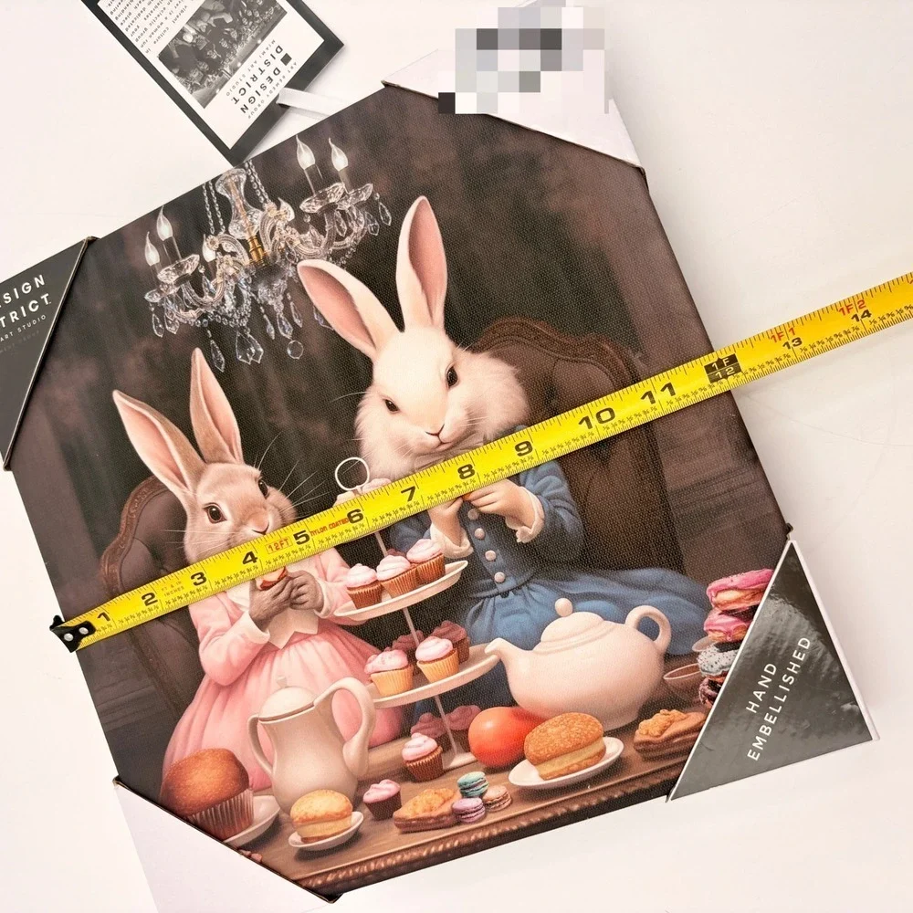 Design District Hand Embellished Canvas Art Two‎ Rabbits Tea Party Easter Decor